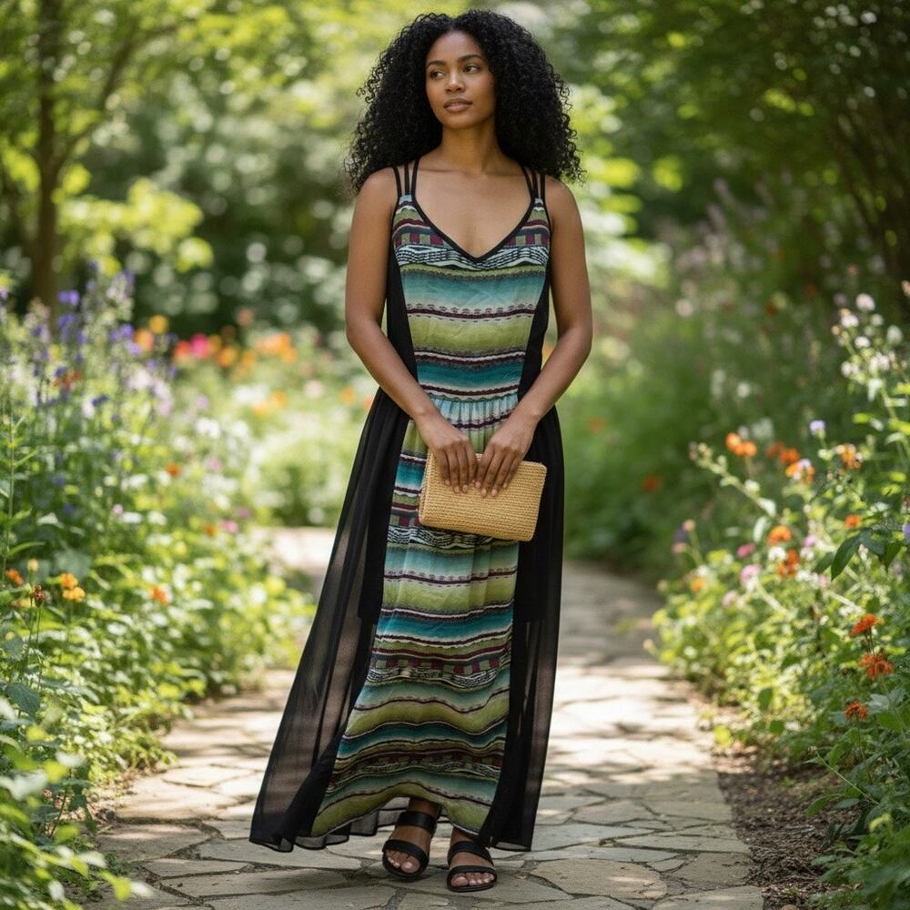 NWT Sans Souci Strappy Colorful Vacation Maxi Sun Dress Aztec Tribal Print L